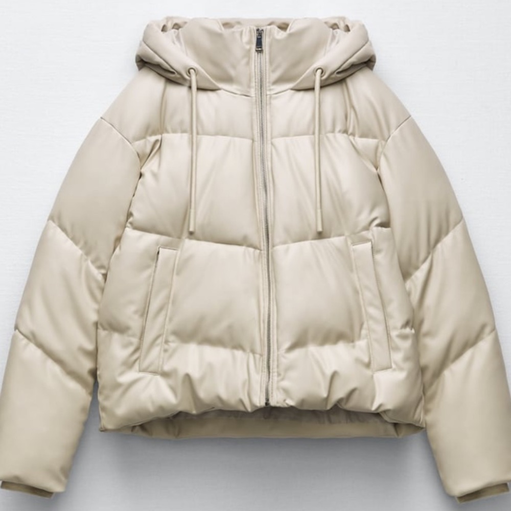 Zara Ecru beige off white leather puffer coat
